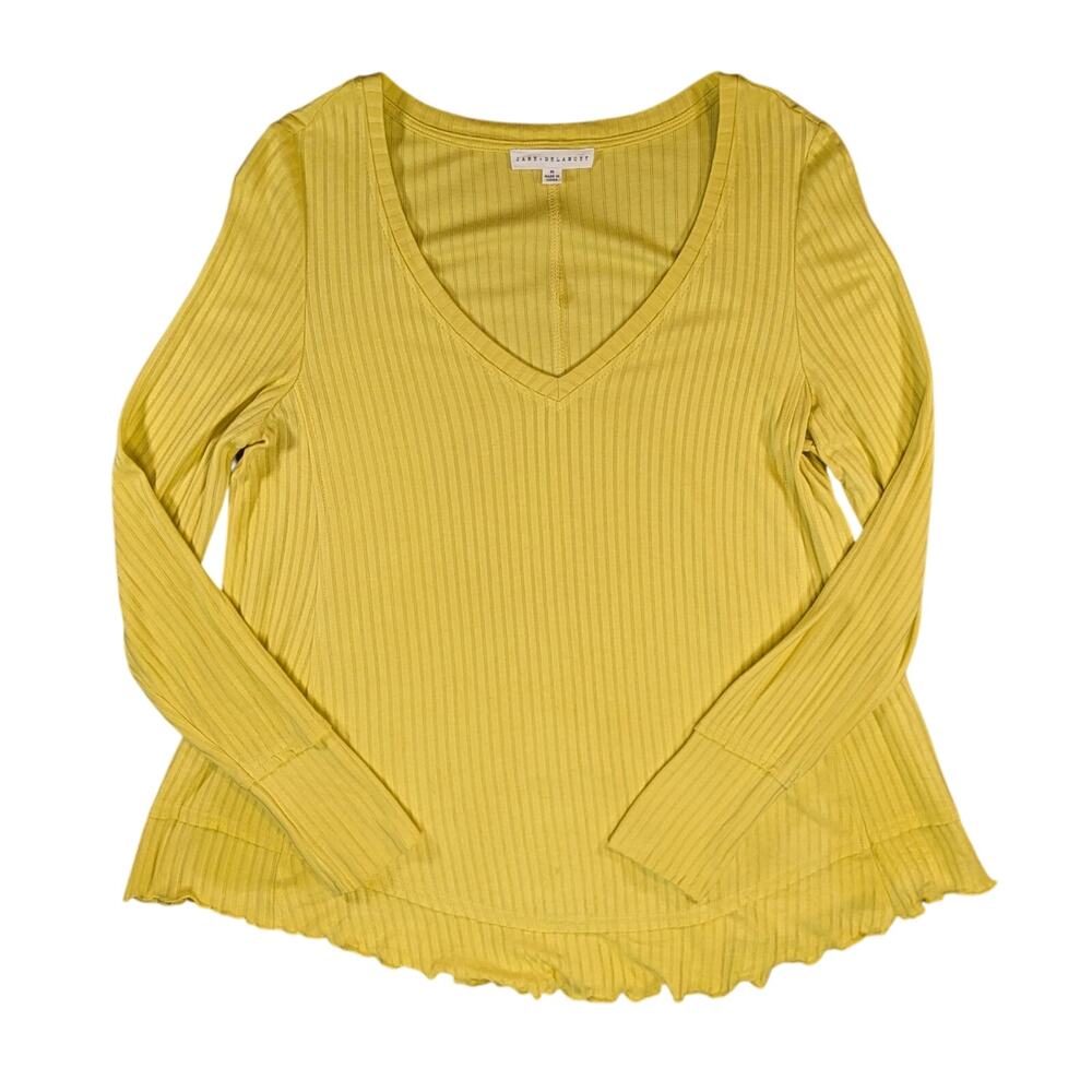 Jane & Delancey Yellow Ribbed V Neck Lettuce Hem Flowy Top Women M Casual
